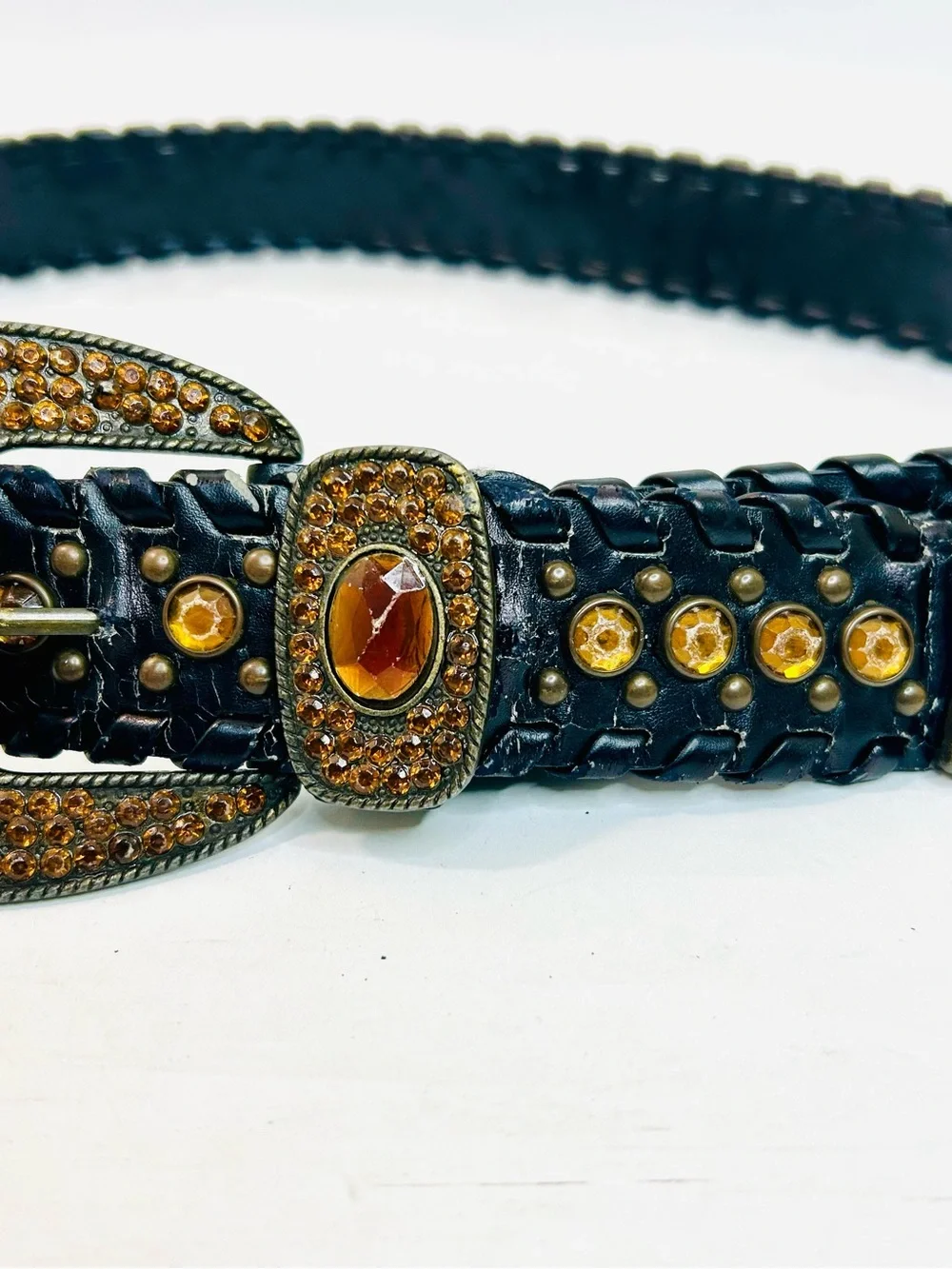 Western Rhinestone Whipstitch Belt with Orange Stones and Black Faux Leather